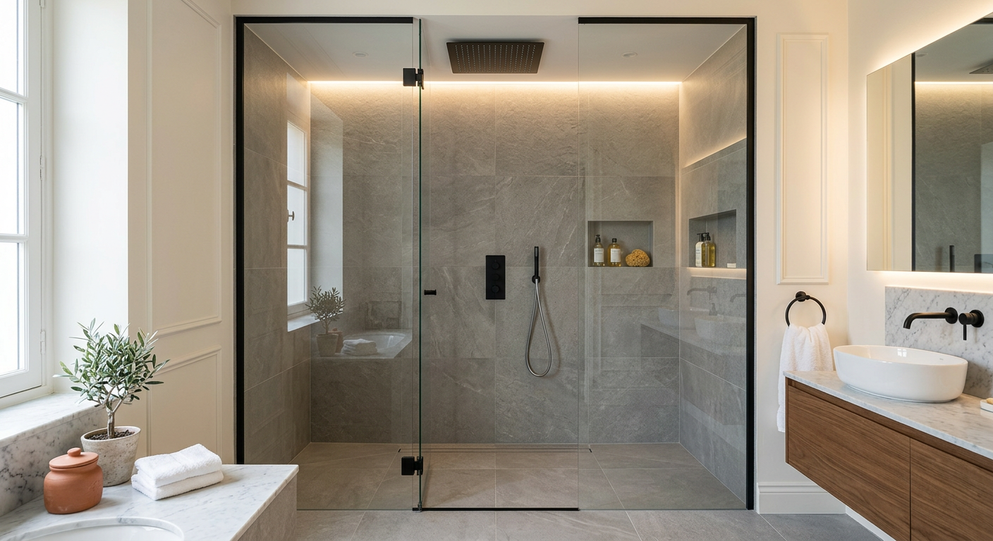 Installation de salle de bain moderne avec douche à l'italienne à Palaiseau 91